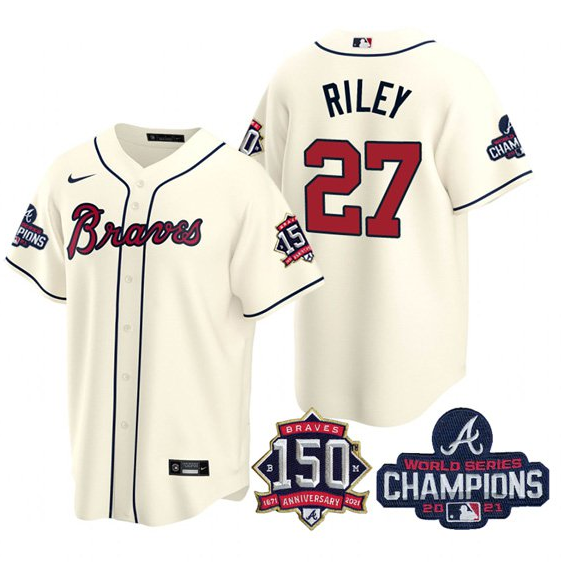 Men's Atlanta Braves #27 Austin Riley 2021 Cream World Series Champions With 150th Anniversary Patch Cool Base Stitched Jersey Men's Atlanta Braves #27 Austin Riley 2021 Cream World Series Champions With 150th Anniversary Patch Cool Base Stitched Jersey